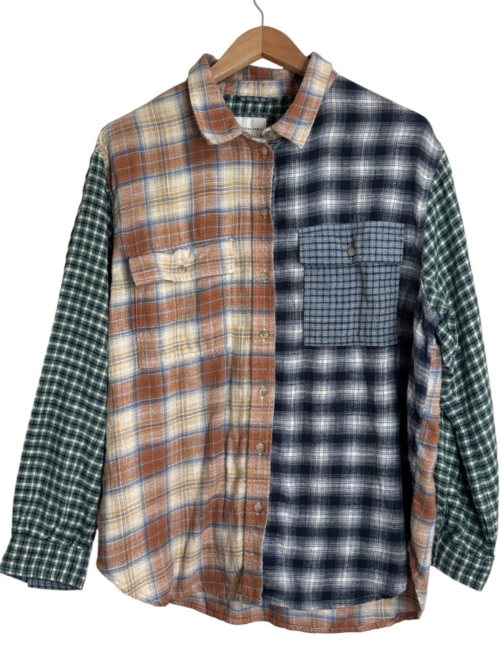 American Eagle Fall Plaid Patchwork Ragged Eclectic Grandpa Flannel Shirt sz L